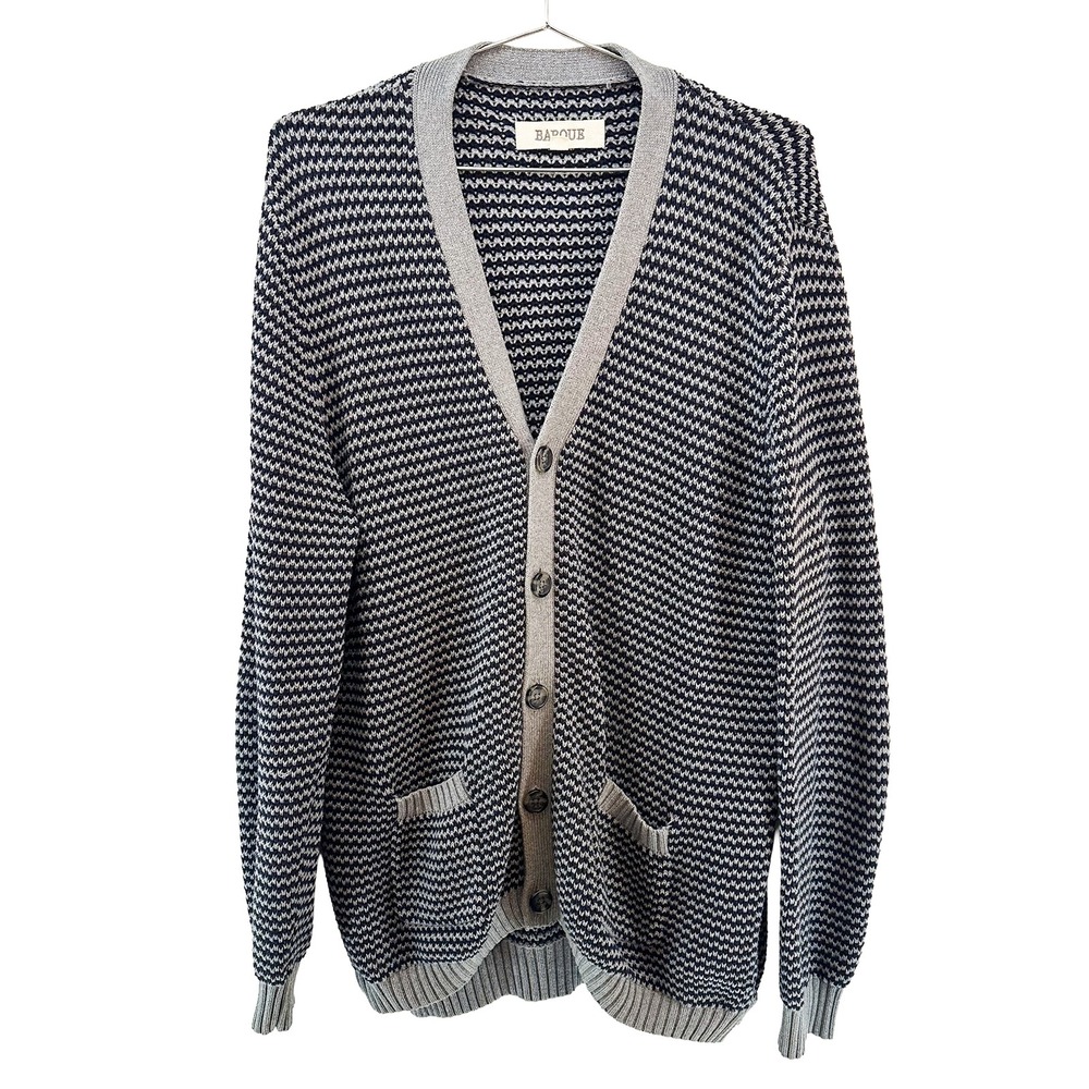 BARQUE NEW YORK Striped Grandpa Cardigan Sweater • Large • navy‎ blue, gray